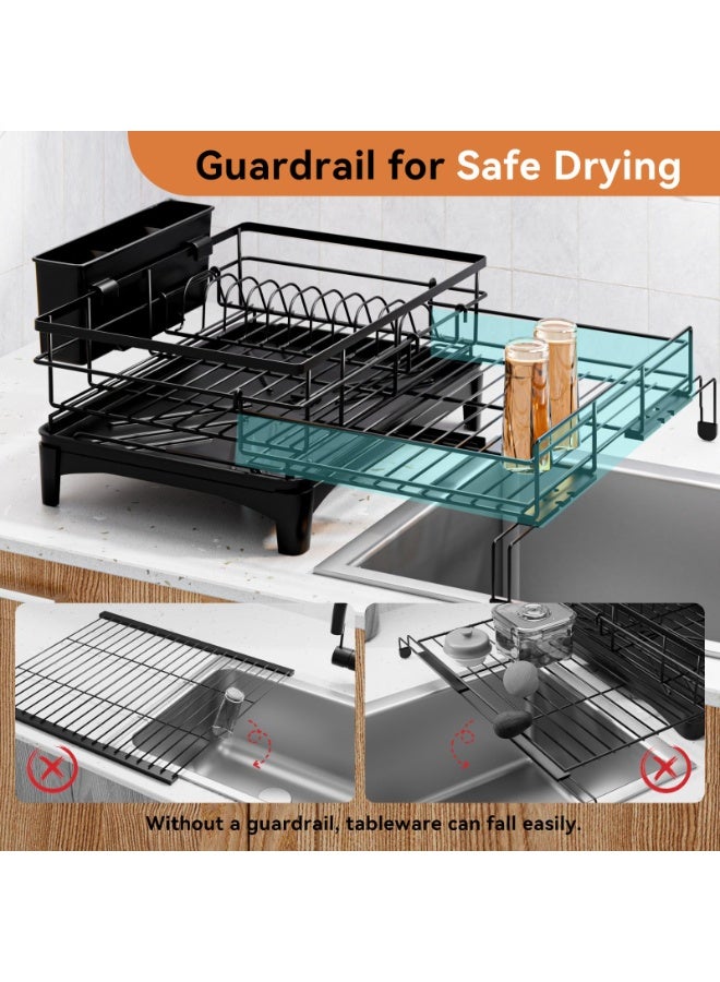 LODROC Extendable Dish Drying Rack,Large Drying Dish Drainer for Kitchen Counter, Stainless Steel Dish Strainer with Utensil Rack and Adjustable Feet for Sink (Black) - Image 4